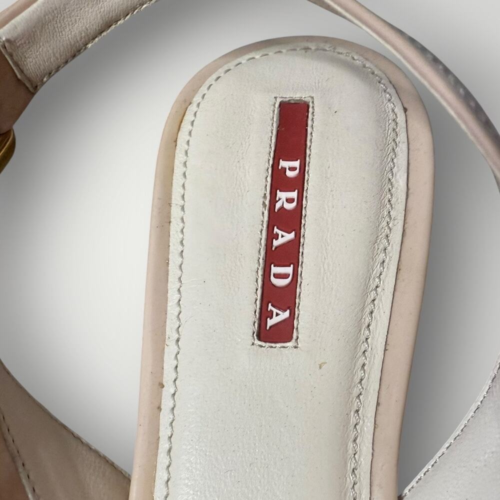 Prada Patent Leather Slingback Wedge Sandals Bow Peep Toe Nude Pink Size 37.5 - Picture 11 of 16